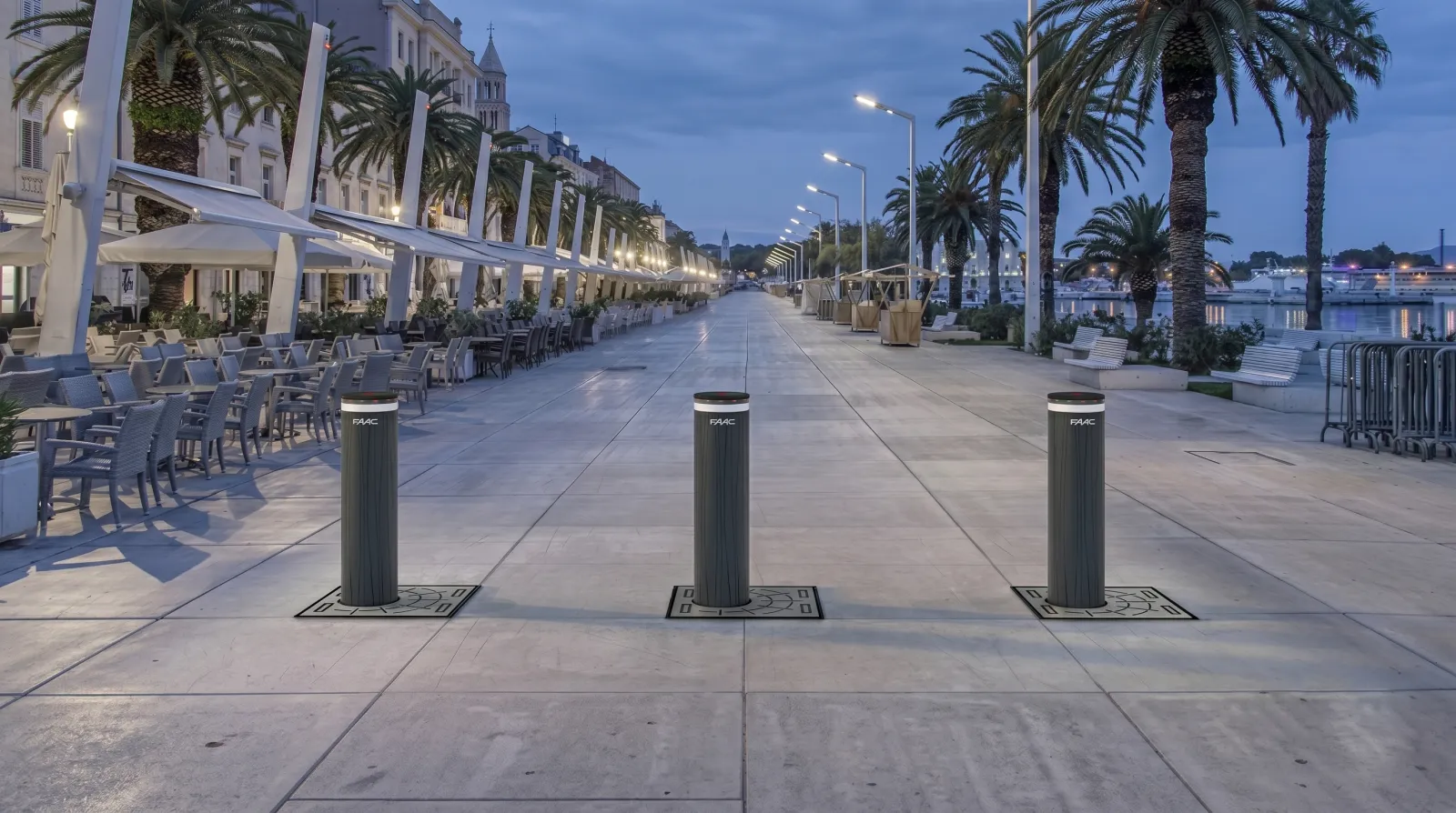 FAAC perimeter security installation featuring automated barriers and bollards