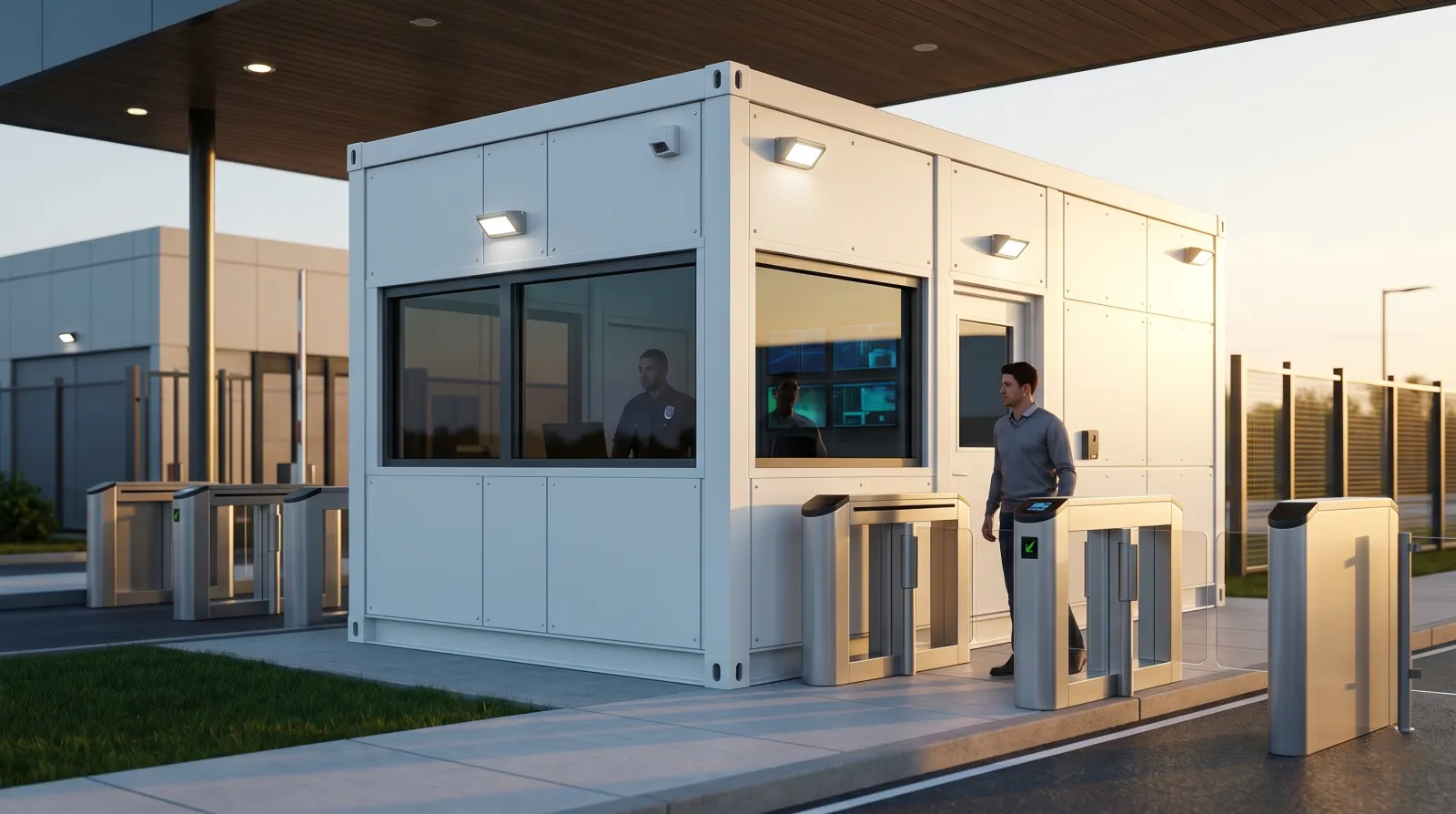 Panel Built guard booth and security canopy installation at a facility entrance
