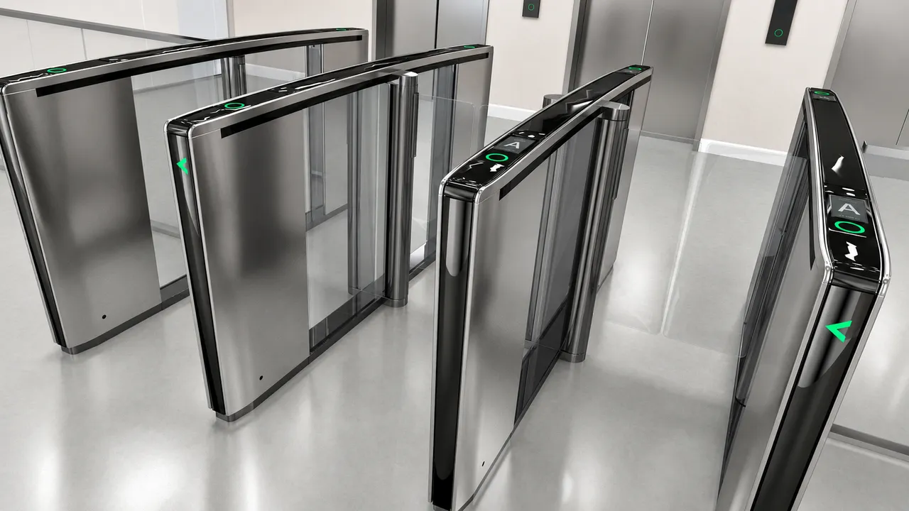 Optical turnstile speed gate lanes securing a modern lobby