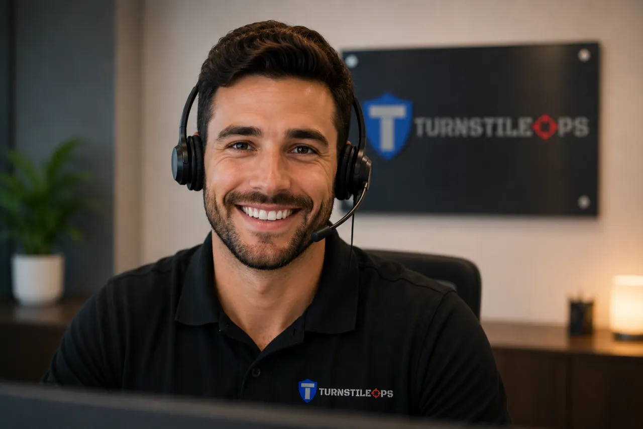 A TurnstileOPS specialist on a headset ready to help compare security solutions