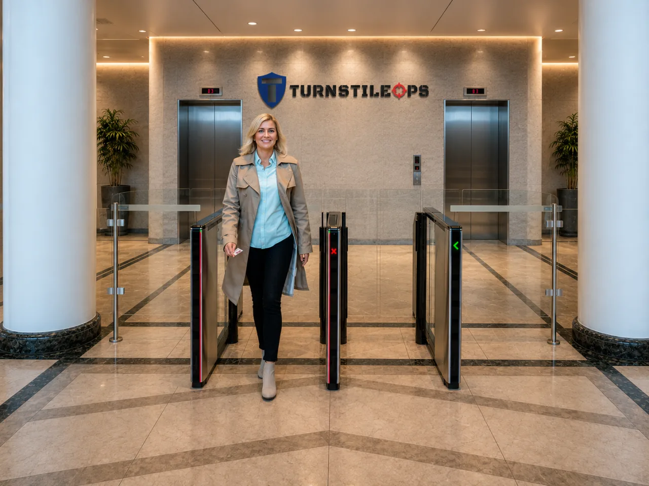 A visitor walking through TurnstileOPS optical security lanes in a modern building lobby